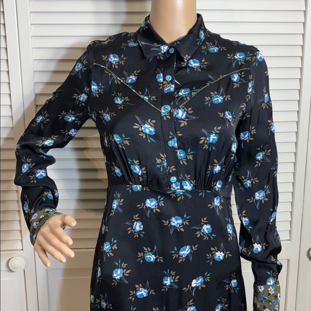 Sandro Black Long-Sleeves Floral Shirt Dress with Blue Rose Print Size 4 - Picture 5 of 16